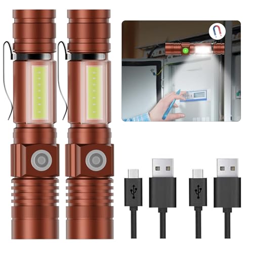 Hoxida Flashlight USB Rechargeable,LED COB Sidelight Black 2PCS - color: Brown