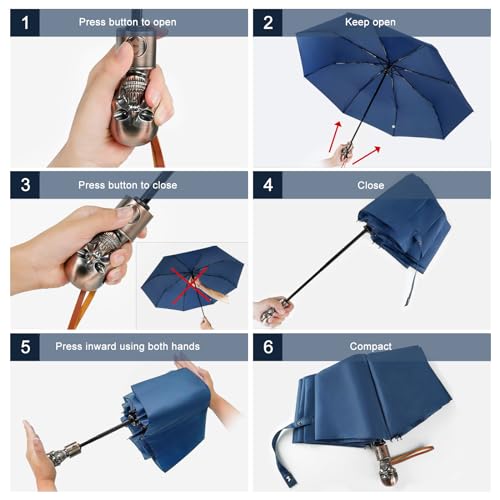 Skull Handle Windproof Travel Umbrella Compact Portable, Auto Open Close | Luxury Gothic Skull Grip with One-Touch Automatic Open, Wind Resistant and Sturdy for Rain, Lightweight to Carry Daily - color: 05.Blue