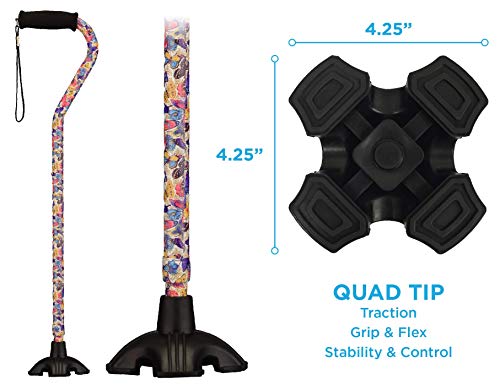 Nova Joy Designer Offset Quad Cane for Seniors - Unisex Adjustable Lightweight Walking Aid with Foam Handle, Wrist Strap and Anti-Rattle Lock - Essential Mobility Support - Butterfly Symphony - color: Butterfly Symphony