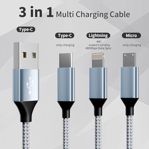 Multi Charging Cable(3Pack 4FT), 3 in 1 Charging Cord for Multiple Devices | Nylon Braided Multiple Charger Cord, USB Cable Universal Charger with Type-C, Micro USB and IP Port for Cell Phones and More - color: Gray White, size: 3Pack 4 ft