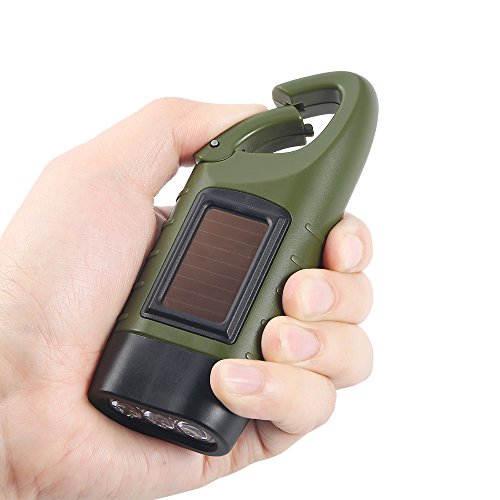 Simpeak Hand Cranking Solar Powered Flashlight, Rechargeable Emergency LED Flashlight Carabiner Dynamo Quick Snap Clip Backpack Flashlight Torch for Outdoor Camping Climbing Hiking (Green) - color: Green