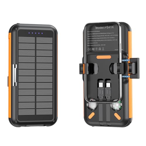 Solar Power Bank 38800mAh with Built-in Cable, PD 20W, 22.5W Fast Charging | Waterproof Outdoor Design with LED Flashlight, Compass & Thermometer