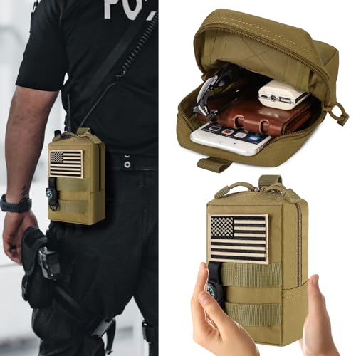 bvya Tactical Molle Pouch Multi-Purpose Compact Waist Pack Water-Resistant Small Utility EDC Pouch with Flag Patch for Molle Backpack, Mini Compass Included - color: Khaki(1 Pack)