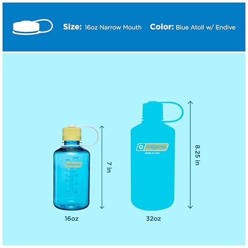 Nalgene 16 oz Narrow Mouth Water Bottle, Thrill & Motion, Blue Atoll w/Endive - color: Blue Atoll w/Endive, size: 16 Ounces