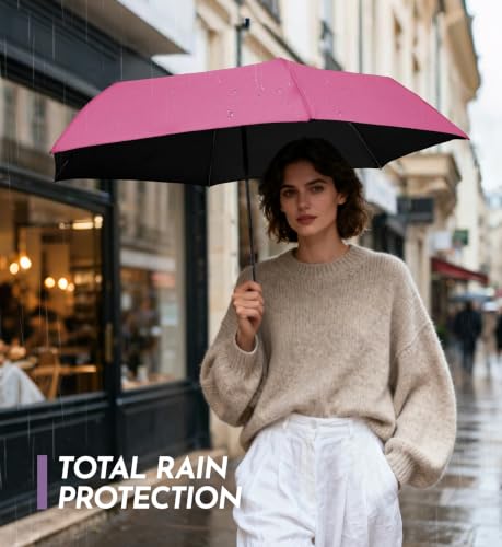 Travel Size Mini Umbrella with UPF 100+ UV Rain Protection, Compact Small & Lightweight Pocket-Sized Folding Umbrellas with Case for Purse & Backpack, Thoughtful Gift Women Men & Kids - color: Rose