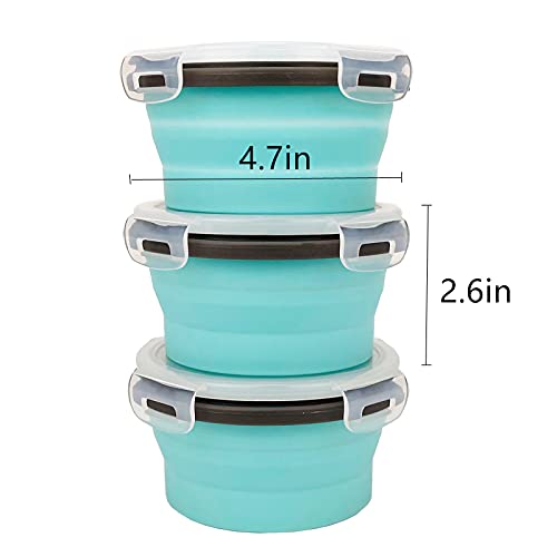 CCyanzi 3piece Round Collapsible Bowl with Lids, Silicone Food Storage Containers, Microwave & Freezer Safe, Space Saving for Kitchen Cabinet and Camping Backpack,(Blue Gray) - color: blue with gray
