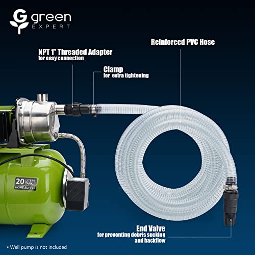 Green Expert 1" ID Inlet Hose Kit with End Valve and Threaded Adapter, 25-Foot Transparent PVC Pipe for Shallow Well Pumps Booster system Water Intake, All-in-One Easy Installation Pump Accessory - size: 25FT