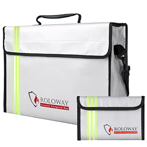 ROLOWAY Large (15 x 12 x 5 inches) Fireproof Bag with Reflective Strip, Water Resistant Fireproof Document Bag Safe for Money, Documents and Valuables Storage - size: Large + Small, style: Silver With Reflective Strip