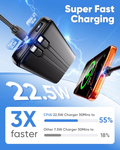 CFIAI Portable Charger 15000mAh Slim Power Bank with Built in Cables | 22.5W Fast Charge, Travel Essential, 50% Larger Capacity USB C Battery Pack for iPhone Samsung Google Android, Black - color: Jet