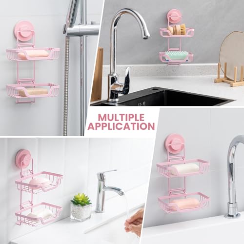 TAILI Soap Holder, Soap Dish Suction Cup with Hooks,Stainless Steel,2 Layer | Soap Dish for Shower, Bathroom Bar soap holder Shower Wall, Stainless Steel Sponge Holder for Tub Kitchen, Pink - color: Pink