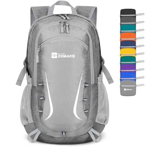 ZOMAKE Lightweight Packable Backpack 35L, Foldable Backpacks Water Resistant Collapsible Light Daypack for Hiking(Silver Grey) | Light Hiking Backpacks Water Resistant Collapsible Day Pack for Travel, Everyday Carry, Multi-Pocket Layout, Heavy Duty Nylon
