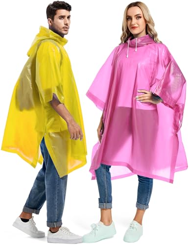 2 Pack Rain Ponchos for Adults Reusable - Raincoats Survival Emergency Heavy Duty Rain Coat with Drawstring Hood - color: Pink&yellow