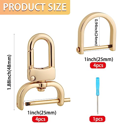 4pcs Detachable Snap Hook Swivel Clasp with 4pcs D-Rings Screw in Shackle for DIY Purse Strap Replacement (Gold,1 inch) - color: Gold, size: 1 inch