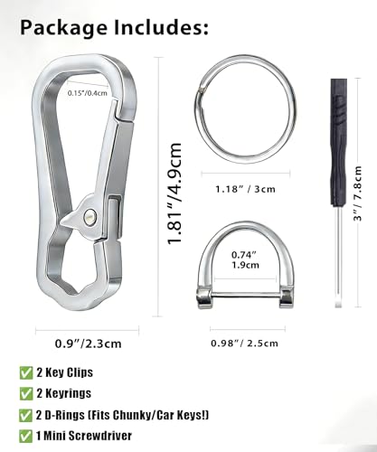 Metal Key Chain Carabiner Clip with Key Ring and D Ring | Heavy duty build, full accessory packs, quick release, multi purpose hook, belt loop holder, separate home and car fob sets - color: 2 Pcs Black+silver