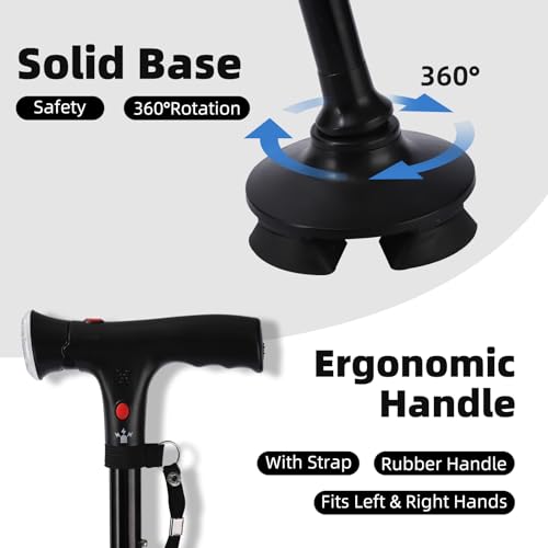 Walking Stick，Walking Canes for Women & Men，Folding Cane with Led Light and Alarm, with Side Handle, Collapsible Cane Lightweight, Free Self Standing Foldable Stick for Seniors & Adults