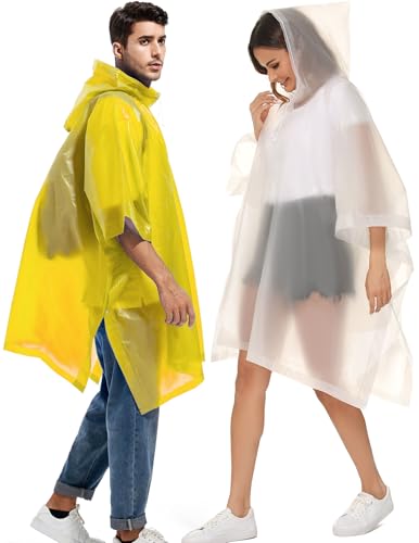 2 Pack Rain Ponchos for Adults Reusable - Raincoats Survival Emergency Heavy Duty Rain Coat with Drawstring Hood - color: White&yellow