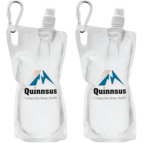 Quinnsus 2-Pack 1L Collapsible Water Bottles, 33oz BPA-Free Reusable Plastic Flasks, Foldable Backpacking Water Bottle Bag for Traveling, Hiking, Camping, Running