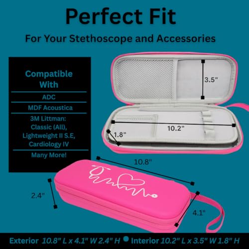 Stethoscope Case for 3M Littmann Classic III, Lightweight II S.E, MDF Acoustica - ID Slot and Pockets for Nursing Accessories - Hard Case Holder for Nurse - (Pink - Pu Leather) - color: Pink - Pu Leather