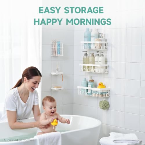 Veken 6-Pack Rustproof&Waterproof Shower Caddy, Adhesive Shelves Rack with Soap Holder, Large Bathroom & Washroom Organizer, No Drilling Wall-Mounted Kitchen&Home Decor,Ideal for Bathtub Storage,White - color: White