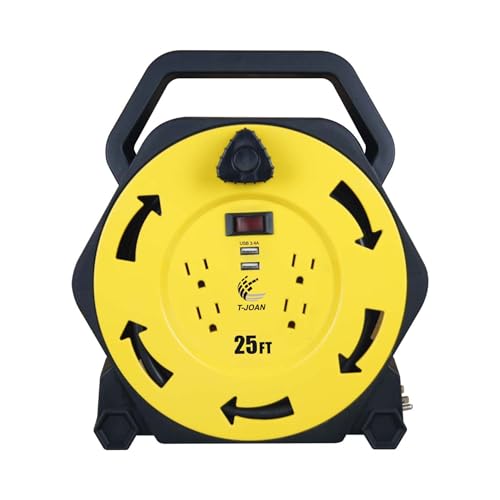 Retractable Extension Cord Reel with 25 FT Power Cord,16/3 AWG, 4 Grounded Outlets,2 USB 3.4A,13 Amp Circuit Breaker,UL Listed Yellow CR034