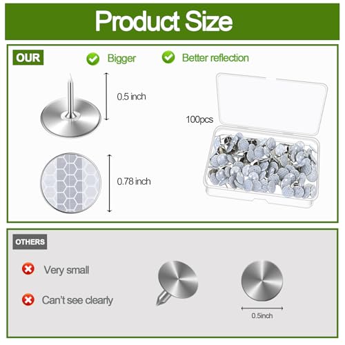 Large Reflective Trail Markers, 100 Pcs High Visibility Reflective Tacks, Silver Glow Bright Eyes Trail Marking for Hunting Hiking Camping Tree Stand