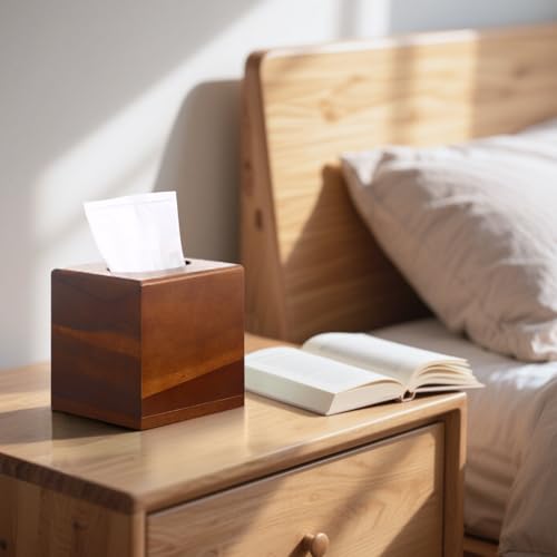 2 Pack Wooden Tissue Box Cover Square - Acacia Wood Tissue Box Holder for Tabletop Stands Bathroom Office- Decorative Facial Wood Tissue Box Cover for Modern Farmhouse Decor (Walnut)