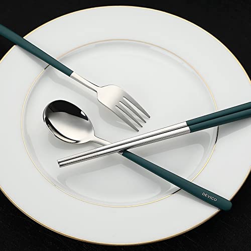 DEVICO Travel Utensils with Case, 4Pcs Portable Silverware Set for Work, 18/8 Stainless Steel Reusable Cutlery, Korean Spoon and Chopsticks Fork for Camping, School, Lunch Box Accessories (Dark Green) - color: Dark-green