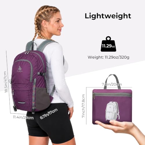 20L Small Hiking Backpack for Women Men, Lightweight Packable Daypack | Water-Resistant Fabric, Quick Access Pocket, Adjustable Strap, Foldable Day pack for Camping, Cycling, Travel (Purple) - color: Purple