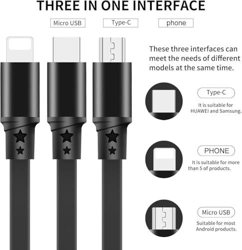 SDBAUX Multi Charging Cable,USB A to 3 in 1 Retractable Mini/Type-C/Micro Port Fast Charger Cord for iPhone 17 16 15 14 13 12 Pro Max,Galaxy S23/S22/S20,Cell Phones Tablets Universal Use (Black) - color: Black