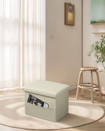 AmasSmile Ottoman with Storage,16" Folding Leather Foot Rest Chest,Beige - color: Beige Crosshairs 1 Pack., size: 16"*12"*12"with side pockets
