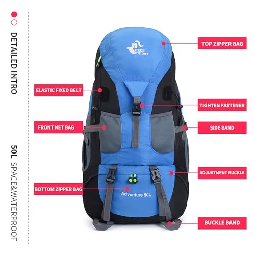 Bseash 50L Hiking Backpack, Water Resistant Lightweight Outdoor Sport Daypack Travel Bag for Camping Climbing Skiing Cycling (Light Blue - No Shoe Compartment) - color: Light Blue - No Shoe Compartment