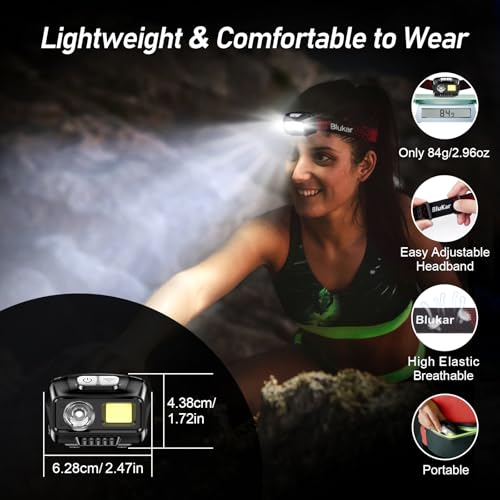 Blukar LED Headlamp Rechargeable, 2000L Super Bright Headlight Flashlight - color: Black