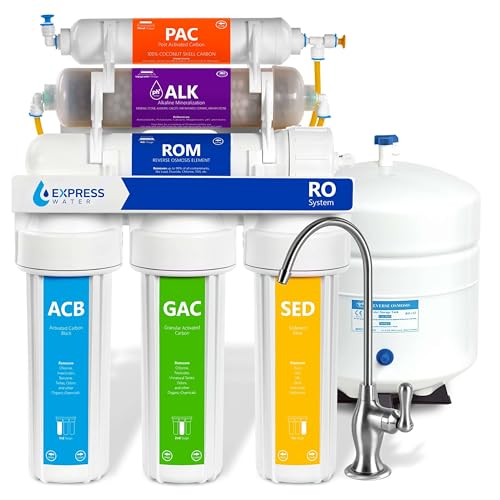 Express Water ROALK5D, 10-Stage Under Sink RO System, Alkaline, 50 GPD | NSF Certified 372, Deluxe Chrome Facuet, Reduces 99% of Impurities, BPA Free, Leak Detection - color: Chrome, style: 10 Stage, Alkaline