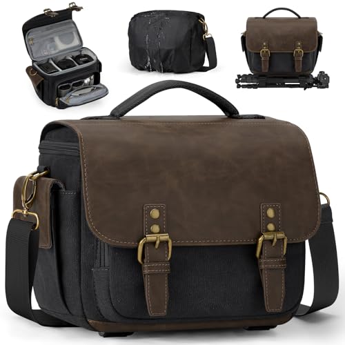 RAINSMORE Camera Bag, Vintage Canvas Camera Sling Bag Crossbody Camera Case - color: Black