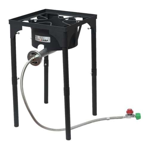 COOKAMP High Pressure Propane Burner Banjo Single Wok Burner 200,000BTU with Adjustable Height. 0-20 PSI Adjustable Regulator and Steel Braided Hose SA1550 (200,000BTU) - style: 200,000BTU