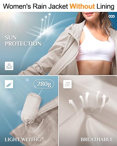 33,000ft Women's Waterproof Long Rain Coats Packable Rain Jacket with Hood Trench Coats Windbreaker - color: Beige, size: X-Small