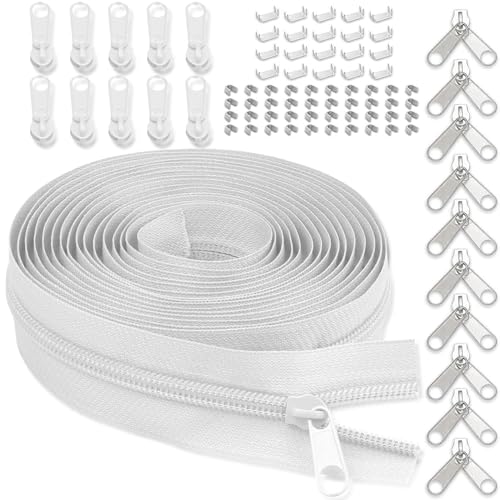#3 Nylon Zipper Tape for Sewing: YZSFIRM 10 Yards White by The Yard Nylon Coil Zippers for DIY Sewing Craft with 10 Bulk Metal Zipper Slider and 10 Double Slider - color: 101 White, size: #3 Zipper