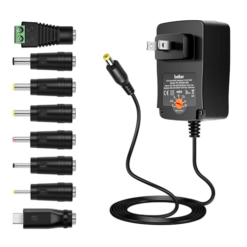 Belker 36W Universal 3V 4.5V 5V 6V 7.5V 9V 12V AC DC Adapter with 8 Tips | Power Supply for LCD LED Light Strip Router HUB Speaker Smart Phone TV Box - 1A 1.5A 2A 2.5A 3A 3000mA Max