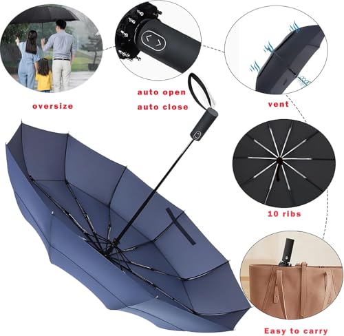 MRTLLOA Compact Golf Umbrella, 10 Ribs Vented Windproof Travel | 49/54/62 Inch Large Oversize, Double Canopy, Quick-Dry Fabric, Lightweight, Umbrellas for Rain - color: Navy Blue, size: 49 Inch