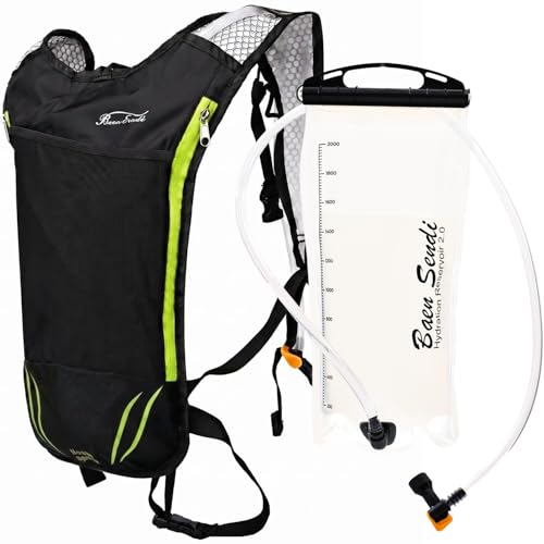 2 Pack Hydration Pack with 2L Backpack Water Bladder - Great for Outdoor Sports of Running Hiking Camping Cycling Skiing - color: (Green zipper)Black pack with bladder