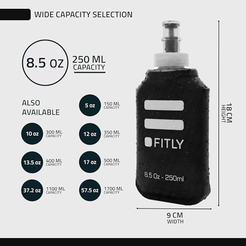 FITLY Soft Flask - Shrink As You Drink Soft Water Bottle for Hydration Pack - Folding Water Bottle Ideal for Running, Hiking, Cycling, Climbing & Rigorous Activity - color: Black, size: 8.5 Ounces