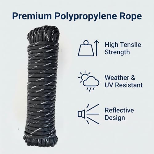 1/4 in × 100 ft Reflective Black Diamond Braided Polypropylene Rope with Non-Woven Core, Multi-Purpose Utility Cord for Clothesline, Camping, Outdoor, DIY, and Home Use (2 Pack, 50ft Each) - size: 1/4" x 100FT, style: Reflective Black