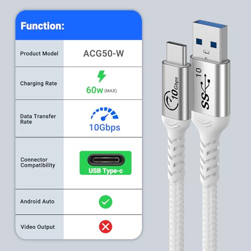 USB 3.1 Gen 2, 10Gbps USB A to USB C Cable, 1.5ft 2 Packs, White | Short cable, 3A Fast Charging, Braided, Compatible for Android Auto, CarPlay, Galaxy, iPad, iPhone 15/14/13, SSD - color: White, size: 1.5 ft