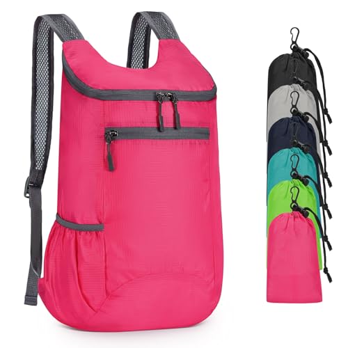 Lightweight Foldable Backpack,Travel Hiking Daypack Packable Bag | Rose Red,20L Folding Backpack for Outdoor, Cycling,Camping, for Men and Women - color: Rose Red