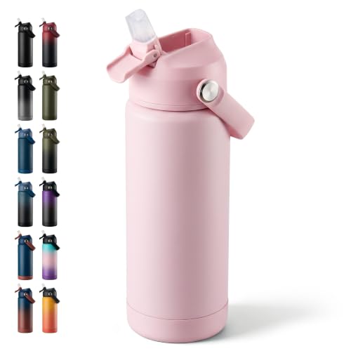 Fijinhom 18oz Insulated Stainless Steel Water Bottle, Wide Mouth Double Wall Vacuum, Silicone Straw, Sweat & Leak Proof, BPA Free Insulated Water Flask for Travel, Keep Cold 24h Hot 12h, Coral Pink - color: Coral, size: 18 Ounces