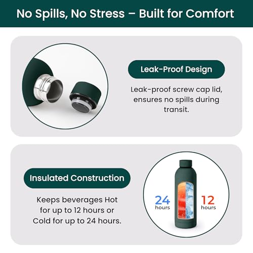 NOBL Stainless Steel Water Bottle, 17 Oz Leak Proof Thermos, Forest Green | Double Wall Vacuum Insulation Keeps Drinks Cold 24 Hrs, Hot 12 Hrs, Sealed, 500 Ml, Fits Carry-on Cup Holder - color: Forest Green