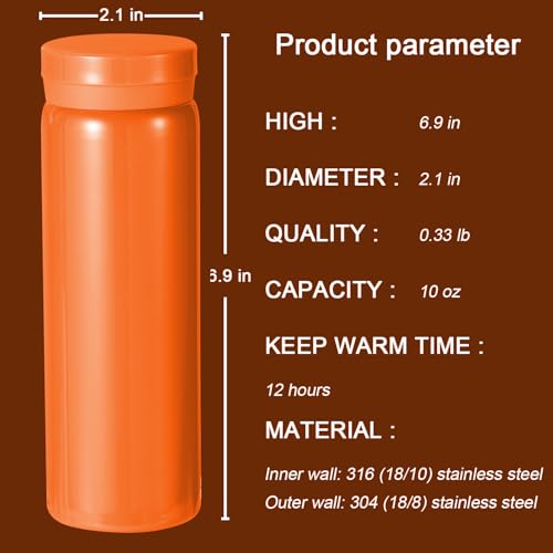 10oz Mini Water Bottle Stainless Steel Thermos Small Flask - Insulated Vacuum, Leak Proof, Keeps Drinks Hot/Cold - Ideal for Coffee, Tea, Water - Orange - color: Orange, size: 9.5 Ounces