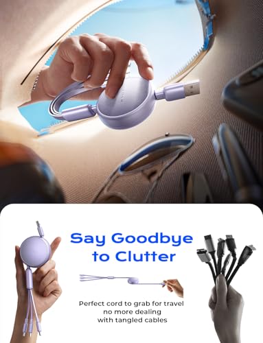 LISEN 3 in 1 Retractable Car & iPhone Charger Cord, Type C/L/Micro USB for iPhone/Samsung/PS/Kindle, Purple - color: Purple, size: 3.7FT
