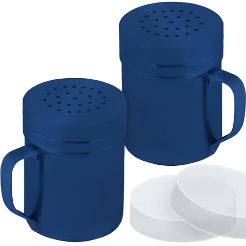 CUSINIUM 6oz Navy Blue Stainless Steel Salt Pepper Dredge Shakers - With Plastic Cap - With Handle - Pack of 2 - color: Navy Blue, size: 6 Oz