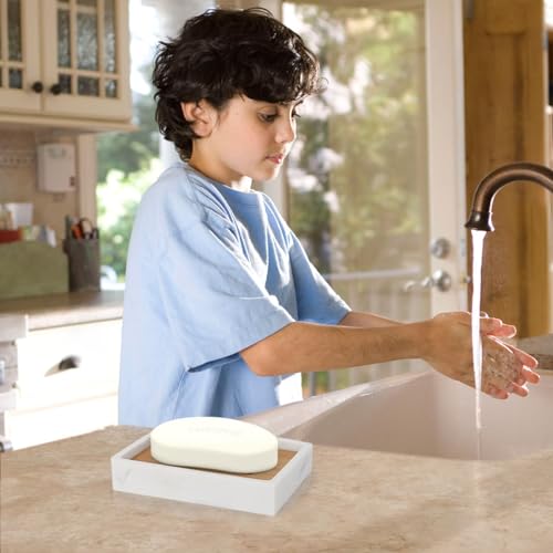 Luxspire Bamboo Soap Dish, Resin Holder with Drainage, Gravel White - color: White